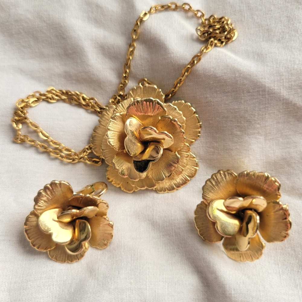 Gold Floral Statement Necklace and Clip-On Earrings Set